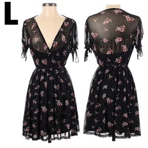 NWOT Black Short Sleeve Mesh Skater Dress Polkadots Pink Red Flowers LARGE